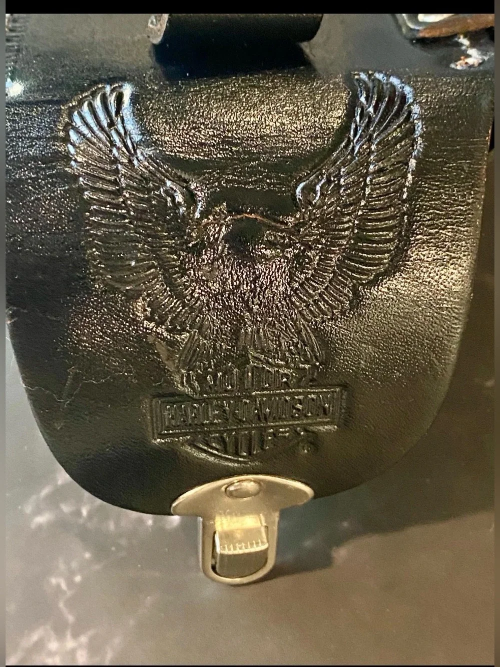 Harley-Davidson Embossed Black Leather Belt Pouch with Silver Clasp